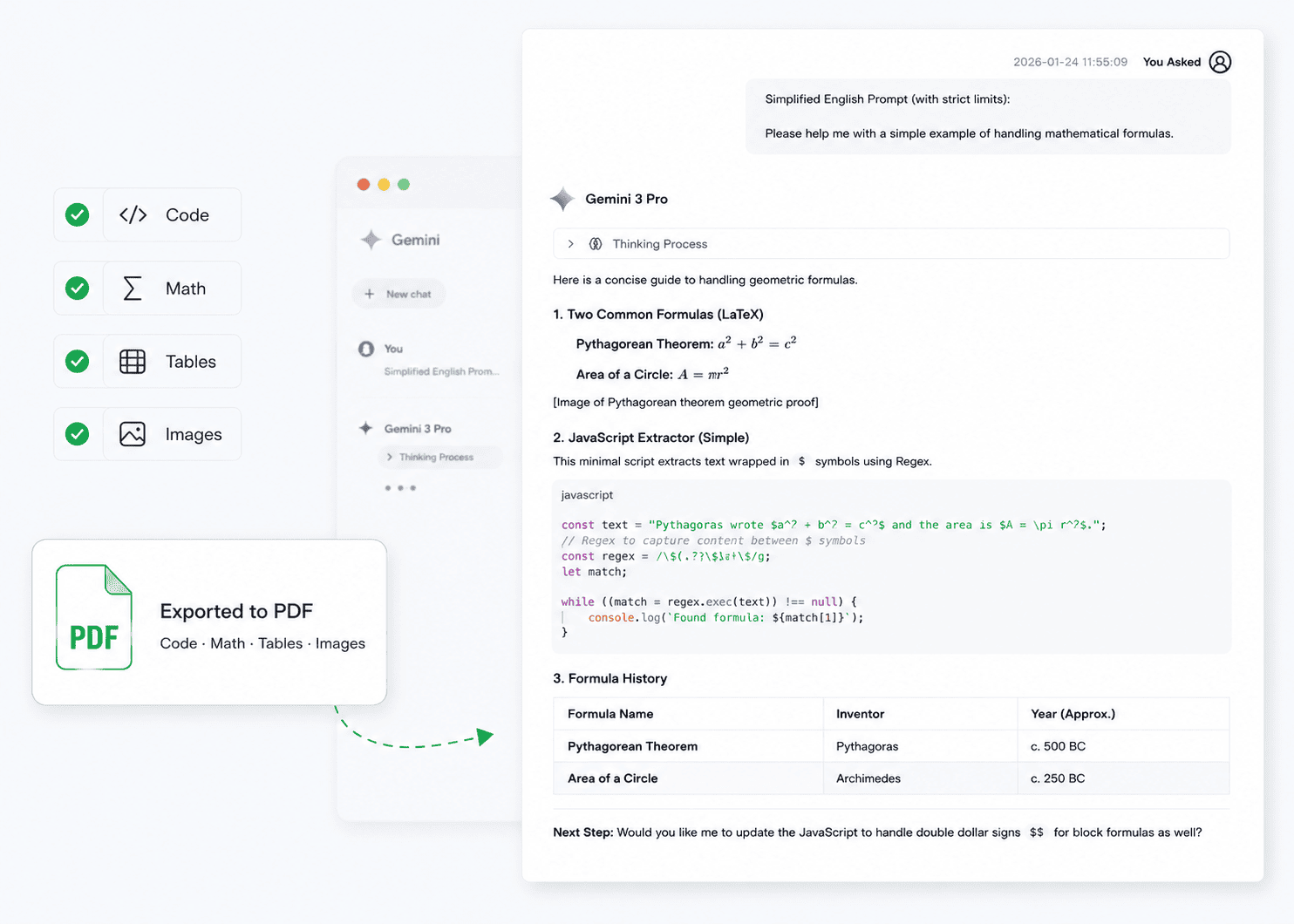 AI conversation exported to PDF with code, formulas, tables, and images