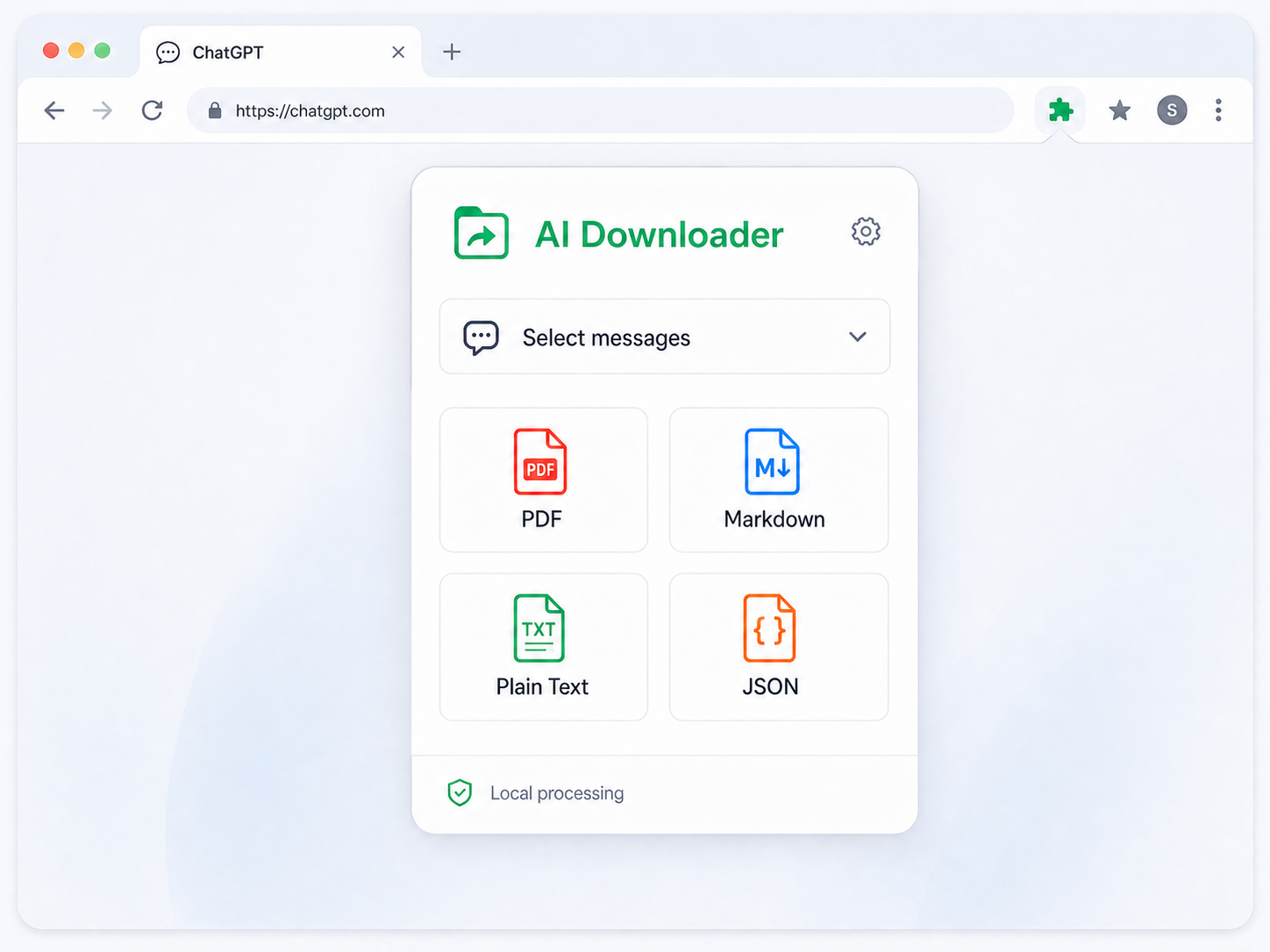 AI Downloader extension interface with message selection and PDF, Markdown, Plain Text, and JSON formats